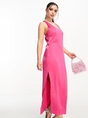 NWT 4TH RECKLESS Sleeveless Hot Pink Satin Maxi Dress with Side Slit